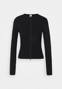 Black stretch jersey zip-up jacket with long sleeves, round neckline, and a slim fit design. Features a front zipper closure.