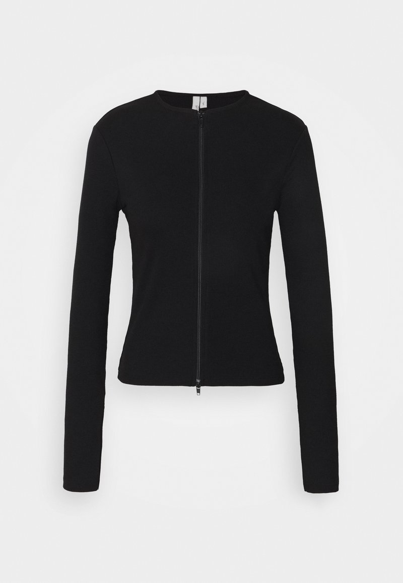 Black stretch jersey zip-up jacket with long sleeves, round neckline, and a slim fit design. Features a front zipper closure.