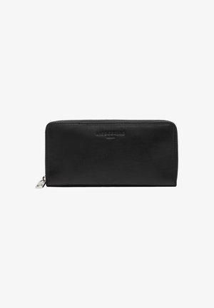 Black leather wallet with a smooth texture, zip closure, and embossed branding. Features a rectangular shape and minimalistic design.