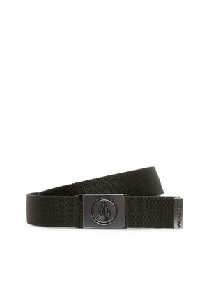 Black woven fabric belt with silver rectangular metal buckle featuring a geometric logo and a metal tip engraved with "Volcom" text.