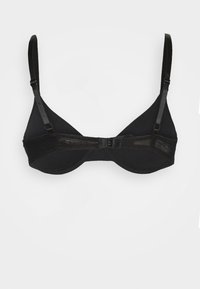 Soutien-gorge noir en tissu doux, avec armatures, bretelles ajustables et fermeture à crochets dans le dos. Design simple, sans motifs.