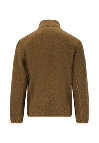 Giacca in felpa sintetica marrone con colletto alto, maniche lunghe e dettagli di cucitura visibili lungo i bordi. Superficie testurizzata, senza grafica.