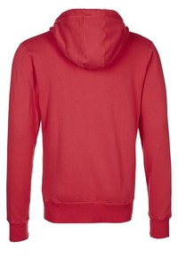 Sudadera roja con capucha, material de algodón suave, mangas largas, vista trasera, costuras cosidas, puños y dobladillo acanalados, sin logotipos ni patrones visibles.