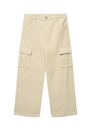 Pantaloni cargo beige a gamba larga con bottone e cerniera frontale, passanti per cintura, tasche laterali con pattina e tasche anteriori curve.