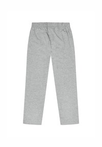 Pantalones de lounge de algodón gris con cintura elástica, corte recto y textura suave. Sin bolsillos ni detalles adicionales visibles.
