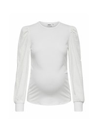Top in maternità bianco con maniche lunghe e texture. Corpo a coste, scollatura rotonda e siluetta aderente. Tessuto morbido e dettagli delle maniche arricciate.
