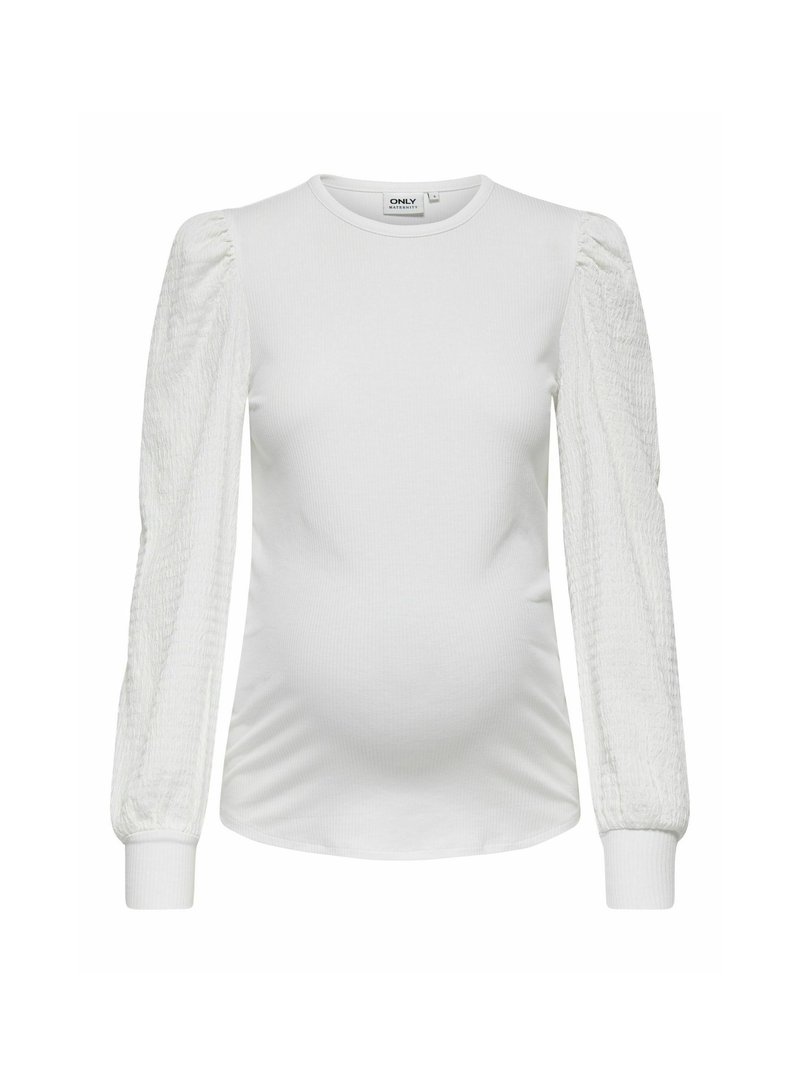 Top in maternità bianco con maniche lunghe e texture. Corpo a coste, scollatura rotonda e siluetta aderente. Tessuto morbido e dettagli delle maniche arricciate.