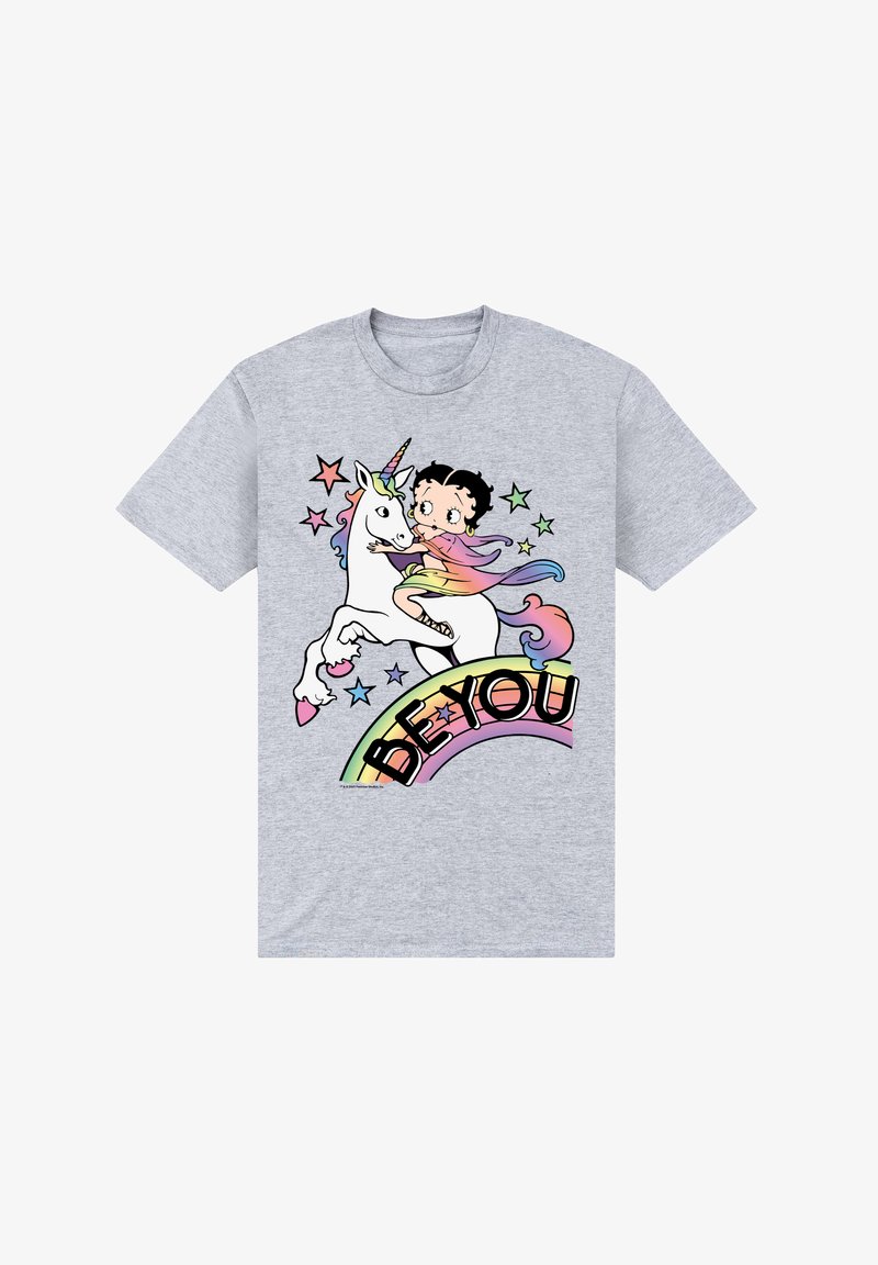 Szara koszulka z nadrukiem przedstawiającym dziewczynkę jeżdżącą na jednorożcu, z kolorowymi gwiazdami i tęczowym banerem "Bądź sobą".