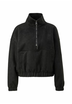 Pull polaire noir avec demi-fermeture éclair devant, col montant, poignets et ourlet élastiques, et deux poches avant. Le curseur de la fermeture éclair indique "CASUAL IDENTITY."