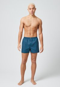 Blauwe en groene geblokte boxershorts met een elastische tailleband en een enkele knopenopening, gemaakt van ademend materiaal. Geen extra details.