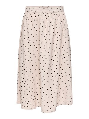 Light pink midi skirt with black polka dots, elastic waistband, and slightly gathered fabric for a flowy fit.