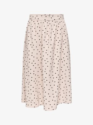 Jupe midi rose clair à pois noirs, taille élastique et tissu légèrement froncé pour une coupe fluide.