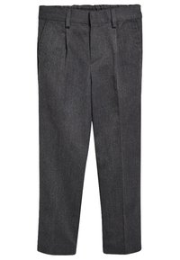 Pantalons gris foncé avec une texture lisse, présentant une coupe droite, des plis avant et une taille élastique pour plus de confort.