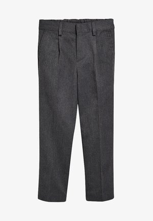 Pantalones gris oscuro con una textura suave, que presentan un corte recto, pliegues en la parte delantera y una cinturilla elástica para mayor comodidad.