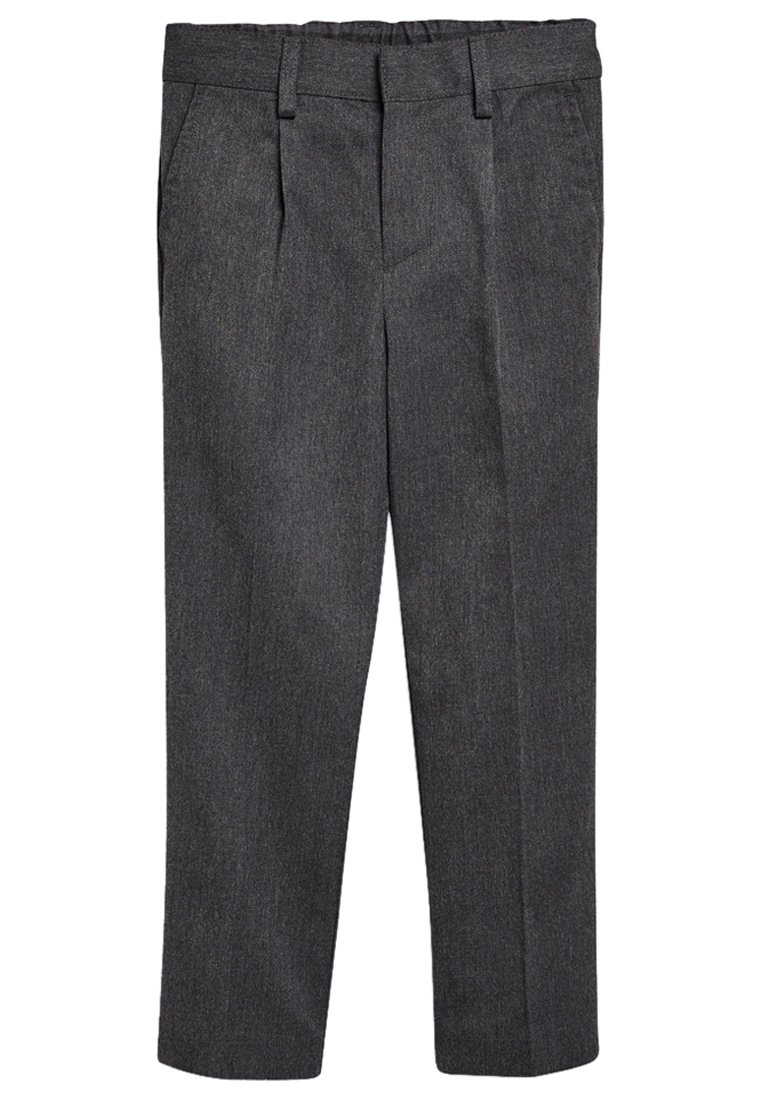 Pantalons gris foncé avec une texture lisse, présentant une coupe droite, des plis avant et une taille élastique pour plus de confort.