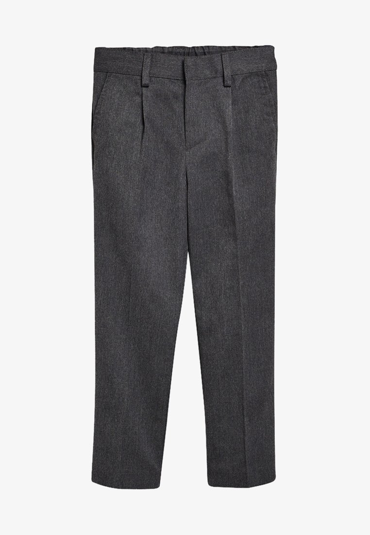 Ciemnoszare spodnie o gładkiej fakturze, z prostym krojem, fałdami z przodu i elastycznym paskiem w talii dla wygody.