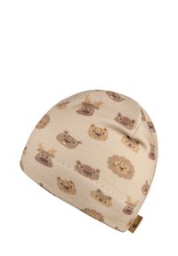 Beige cotton beanie featuring playful animal face patterns in brown tones. Silhouette is rounded with a stitched seam and logo tag.