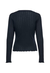 Marineblauw langmouwtop met verticale ribbelstructuur, gekartelde zoom en textuur gebreide stof. Heeft een ronde halslijn en aansluitende pasvorm.