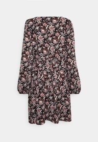 Vestido floral de manga longa com decote quadrado, apresentando tecido preto adornado com flores rosas e azul claro, e saia plissada.