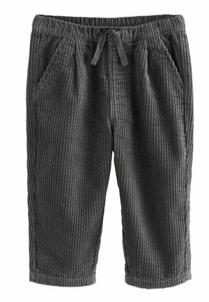 Pantalon pour tout-petits en velours côtelé gris foncé, avec taille élastique, cordon de serrage à l'avant et poches latérales, présenté à plat sur fond blanc.
