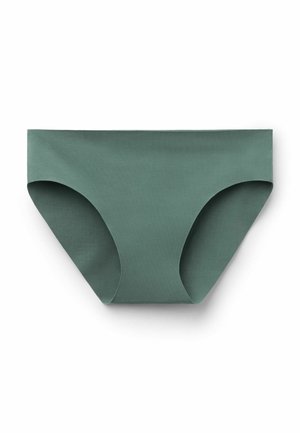 Groene katoenen hipster onderbroek met een zachte textuur, middelhoge snit en brede zijpanelen. Eenvoudig ontwerp, geen patronen of versieringen.