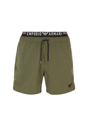 Bañador de color verde oliva con cinturilla elástica negra que presenta la marca "EMPORIO ARMANI", cierre con cordón y detalle del logo.