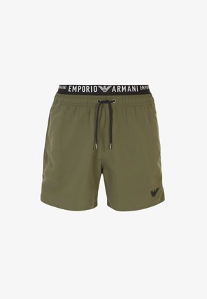 Bañador de color verde oliva con cinturilla elástica negra que presenta la marca "EMPORIO ARMANI", cierre con cordón y detalle del logo.