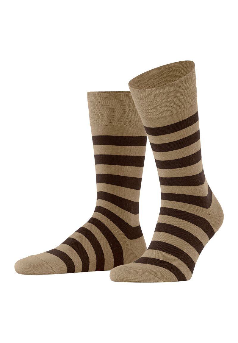 Gestreifte Socken mit einem sandfarbenen Grund und dunkelbrown Streifen. Aus weichem Stoff gefertigt, haben sie eine Standardlänge bis zur Mitte der Waden und eine glatte Textur.