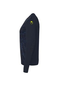 Chemise noire à manches longues avec des lignes abstraites bleues, dotée d'un design ajusté et d'un logo subtil en jaune sur l'épaule, avec des accents texturés sur les manches.