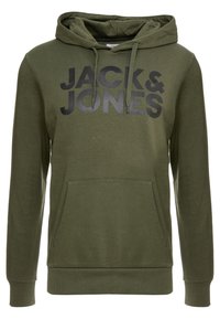 Olivgrön huvtröja gjord av mjukt tyg. Har en framficka, justerbar drawstring-huva och en stor svart "JACK & JONES"-logotyp.