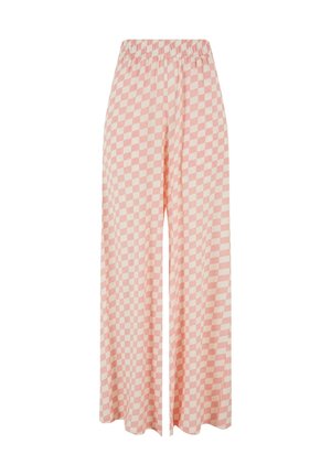 Pantalon à jambes larges avec un motif à carreaux rose et blanc et une taille élastique, présenté sur un fond blanc uni.