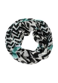 Infinity scarf in lightweight fabric featuring a black, white, and turquoise abstract pattern. Soft texture with no visible hardware.