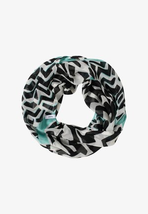 Infinity sjaal in lichte stof met een abstract patroon in zwart, wit en turquoise. Zachte textuur zonder zichtbare bevestigingen.