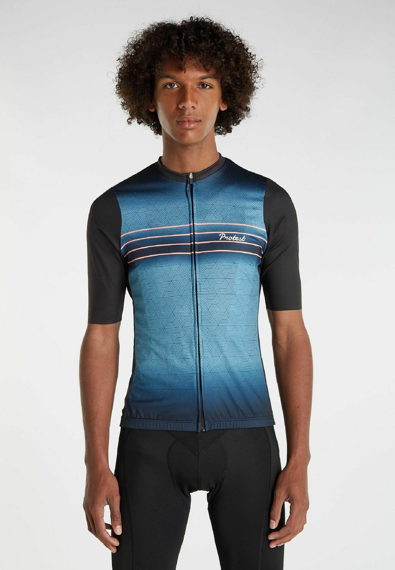 Kortærmet cykeltrøje i gradientblå, med et geometrisk mønster, lynlåslukning og sorte sidedele med accentstriber.