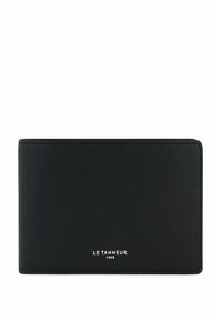 Portafoglio in pelle nera con superficie texture, dotato di un logo argento in basso e un design pulito e rettangolare.