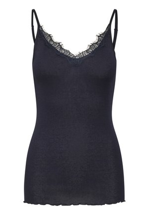 Camisola blu navy con texture a costine, bordo in pizzo sul colletto, spalline sottili e orlo leggermente scallop.