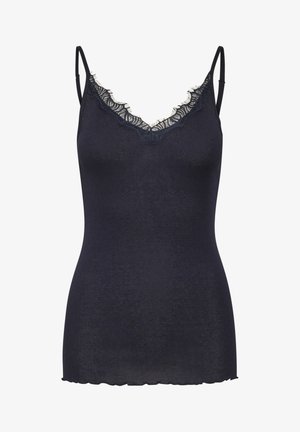 Camisola blu navy con texture a costine, bordo in pizzo sul colletto, spalline sottili e orlo leggermente scallop.