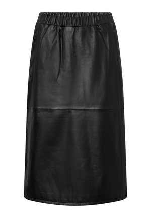 Gonna nera in pelle con vita elastica, design a lunghezza ginocchio, texture liscia e un dettaglio di cucitura orizzontale nella parte inferiore.