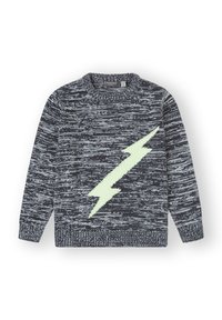 Suéter de punto en gris oscuro con un patrón texturizado. Presenta un gran diseño de rayo en color verde menta en la parte delantera. Cuello redondo, mangas largas.