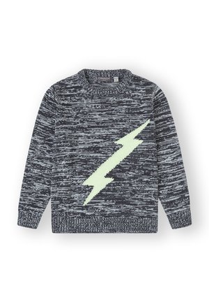 Suéter de punto en gris oscuro con un patrón texturizado. Presenta un gran diseño de rayo en color verde menta en la parte delantera. Cuello redondo, mangas largas.