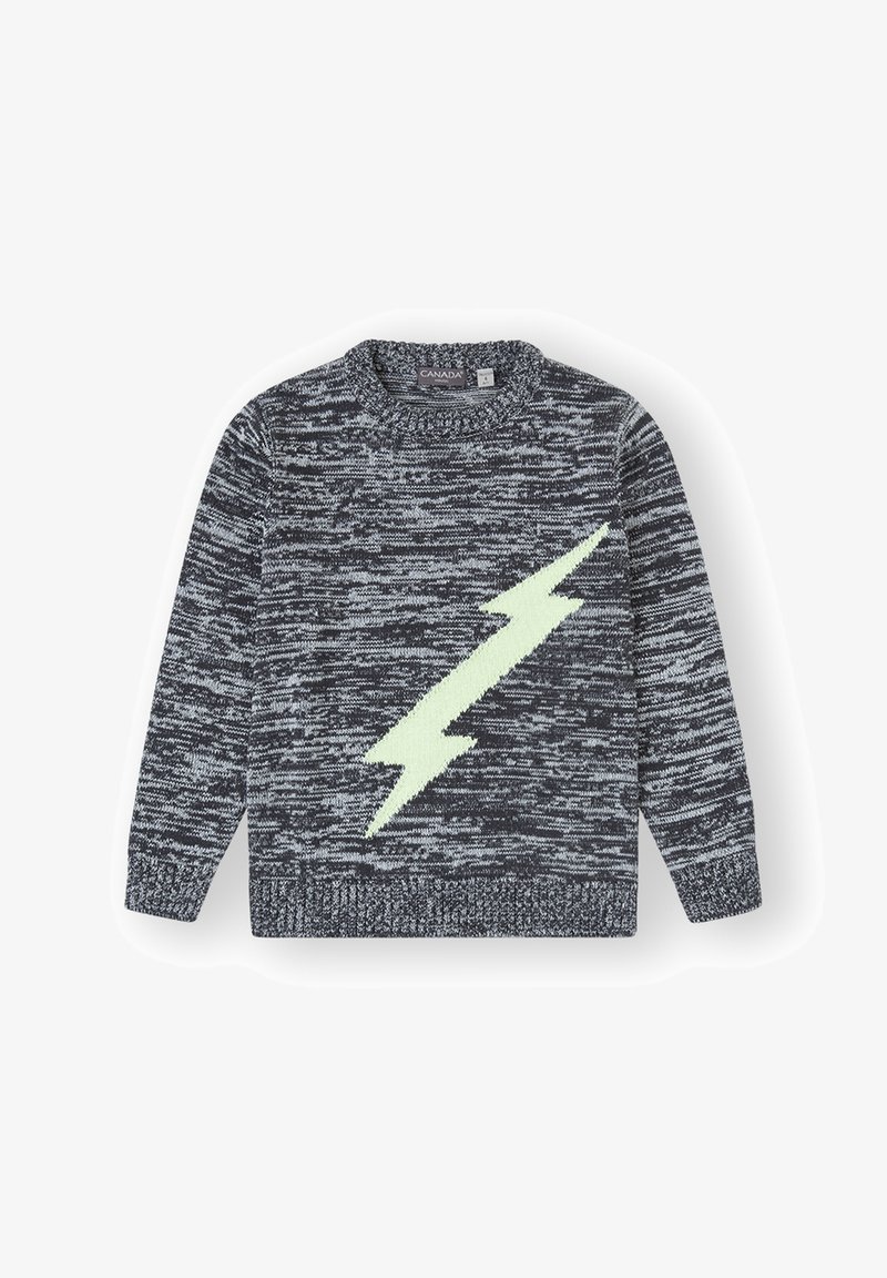 Suéter de punto en gris oscuro con un patrón texturizado. Presenta un gran diseño de rayo en color verde menta en la parte delantera. Cuello redondo, mangas largas.