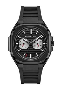 Orologio Cerruti 1881 nero con cassa ottagonale, quadrante nero strutturato, sub-quadranti argentati, accenti rossi e cinturino in gomma nera rigata.
