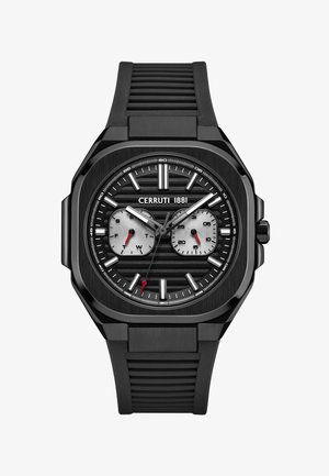 Czarny zegarek Cerruti 1881 z oktagonalną kopertą, teksturowaną czarną tarczą, srebrnymi sub-tarczami, czerwonymi akcentami oraz żłobionym czarnym paskiem gumowym.