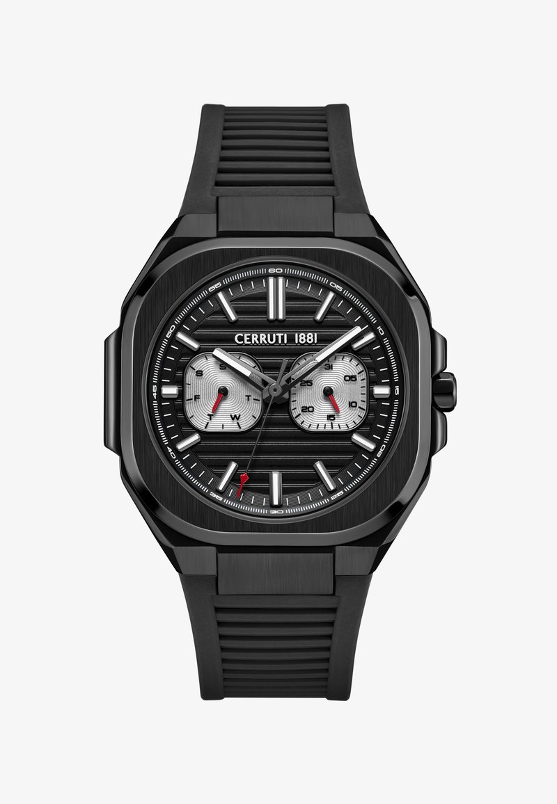 Reloj Cerruti 1881 negro con caja octagonal, dial negro texturizado, sub-diales plateados, acentos rojos y correa de goma negra estriada.
