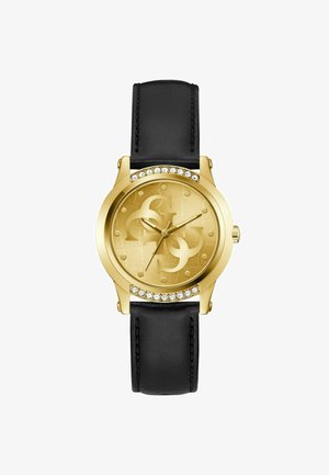 Goldfarbene Uhr mit einer strukturierten Ziffernblatt, ausgestattet mit einem schwarzen Lederarmband und Strasssteinen um die Lünette. Runde Gehäuseform und minimalistisches Design.