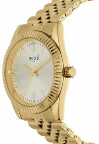 Gold-tone wristwatch with a ridged bezel and a silver-white dial. Features gold hour markers and linked metal bracelet for a polished look.
