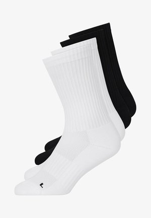 Drie paar crew sokken: twee witte en één zwarte. Bevat ribbelstructuur, gewatteerde voetbed en versterkte hiel en teen.