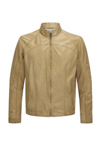 Lederjacke in einem hellbraunen Farbton, mit Stehkragen, Reißverschluss und seitlichen Taschen, ausgestattet mit einer glatten, strukturierten Oberfläche.