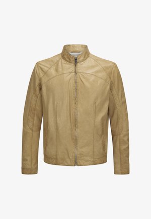 Lederjacke in einem hellbraunen Farbton, mit Stehkragen, Reißverschluss und seitlichen Taschen, ausgestattet mit einer glatten, strukturierten Oberfläche.