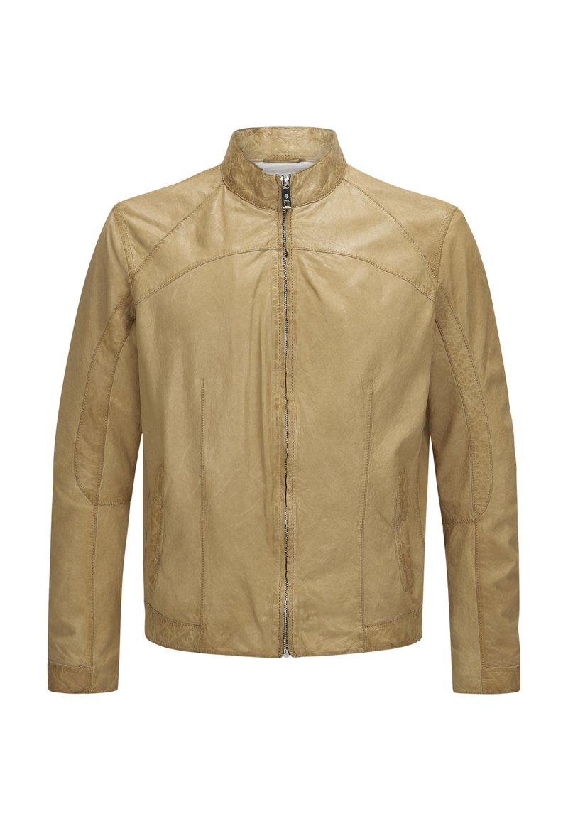 Lederjacke in einem hellbraunen Farbton, mit Stehkragen, Reißverschluss und seitlichen Taschen, ausgestattet mit einer glatten, strukturierten Oberfläche.